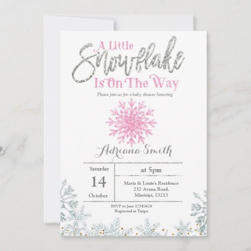 Pink Silver snowflake baby shower Invitation