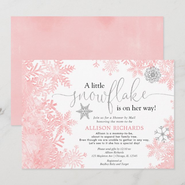 Pink silver snowflake Shower by Mail baby shower Invitation (Front/Back)