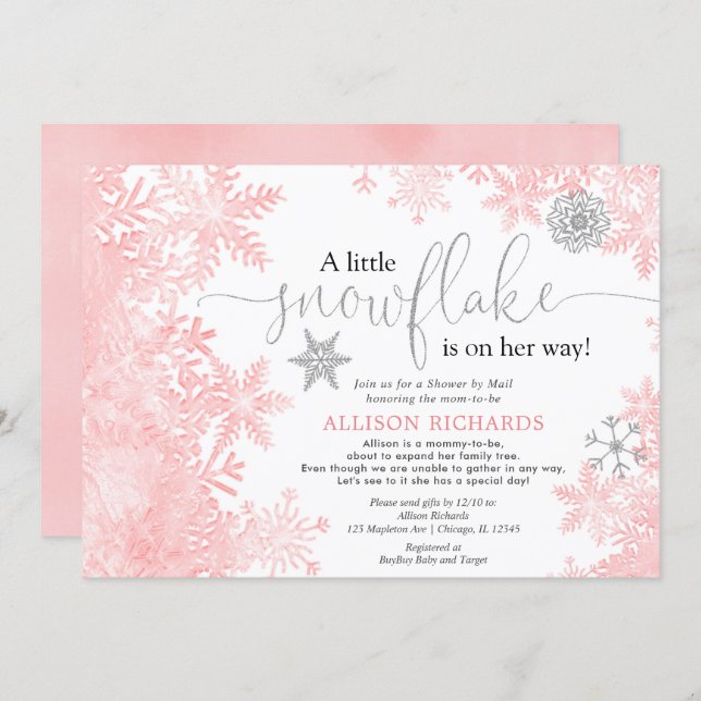 Pink silver snowflake Shower by Mail baby shower Invitation (Front/Back)