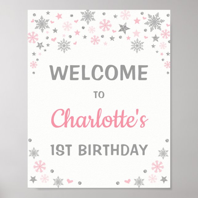 Pink Silver Snowflake Winter 1st Birthday Welcome Poster (Front)