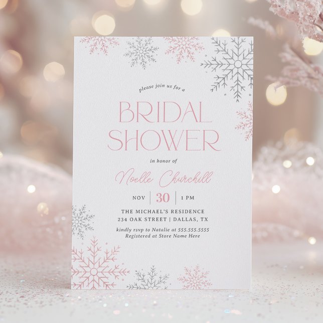Pink Silver Snowflake Winter Bridal Shower Invitation (Creator Uploaded)