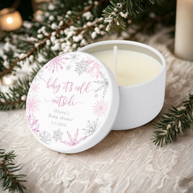 Pink silver snowflakes baby its cold outside mini candle favors (Creator Uploaded)