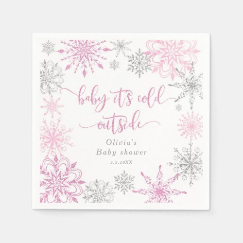 Pink silver snowflakes baby its cold outside napkins