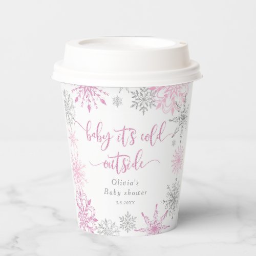 Pink silver snowflakes baby its cold outside paper cups