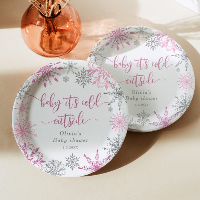Pink silver snowflakes baby its cold outside paper plates (Creator Uploaded)