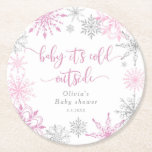 Pink silver snowflakes baby its cold outside round paper coaster<br><div class="desc">Pink silver snowflakes baby its cold outside Round Paper Coaster
Matching items are available.</div>