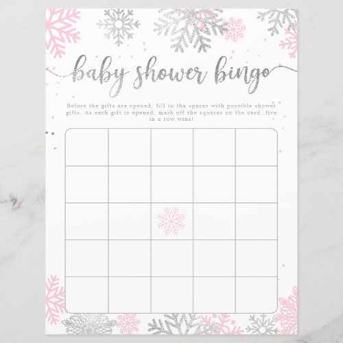 Pink Silver Snowflakes Baby Shower Bingo Game