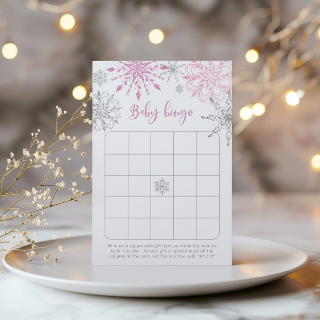 Pink silver snowflakes baby shower bingo game (Creator Uploaded)