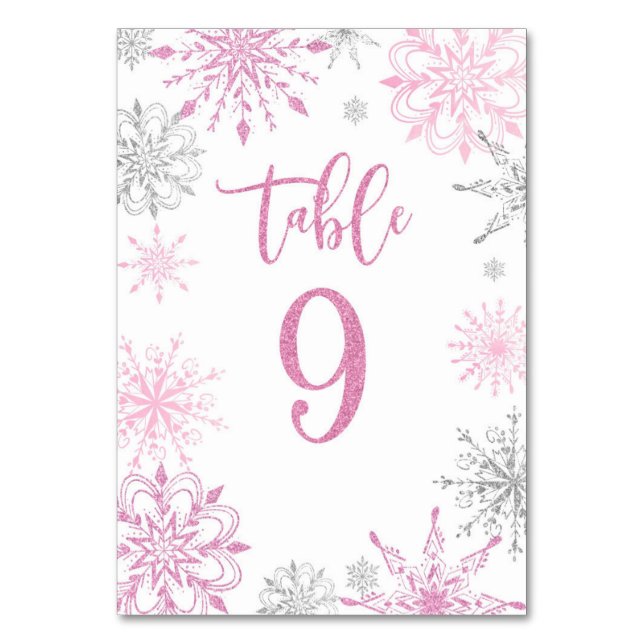 Pink Silver Snowflakes baby shower Nine Table Number (Front)