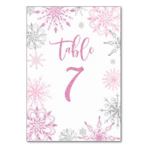 Pink Silver Snowflakes baby shower Seven Table Number