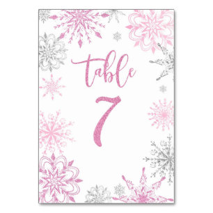 Pink Silver Snowflakes baby shower Seven Table Number
