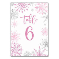 Pink Silver Snowflakes baby shower Six Table Number