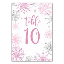 Pink Silver Snowflakes baby shower Ten Table Number