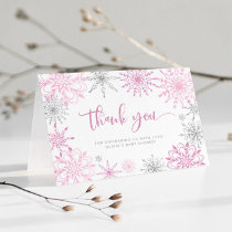 Pink silver snowflakes baby shower thank you  card