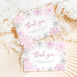 Pink silver snowflakes baby shower thank you  card