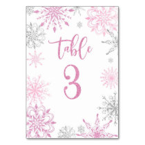 Pink Silver Snowflakes baby shower Three Table Number