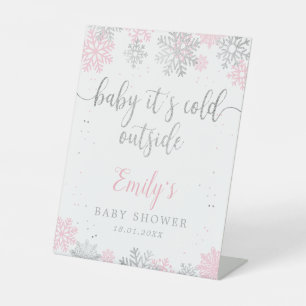 Pink Silver Snowflakes Baby Shower Welcome Pedestal Sign