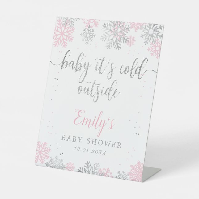 Pink Silver Snowflakes Baby Shower Welcome Pedestal Sign (Front)