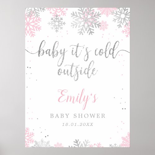 Pink Silver Snowflakes Baby Shower Welcome Sign