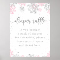 Pink Silver Snowflakes Diaper Raffle Baby Shower Poster