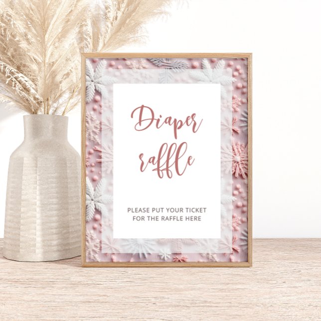 Pink Silver Snowflakes Diaper Raffle Baby Shower Poster (Creator Uploaded)