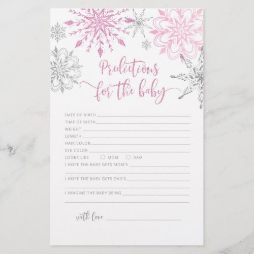 Pink silver snowflakes Predictions for baby card