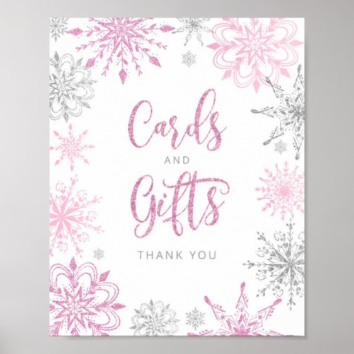 Pink silver snowflakes winter Cards and gifts Poster
