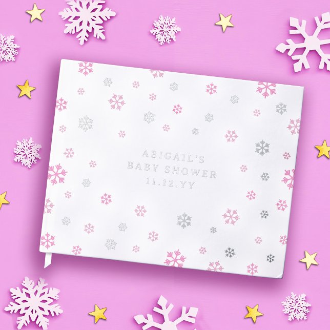 Pink Silver Snowflakes Winter Girl Baby Shower Foil Guest Book (Creator Uploaded)