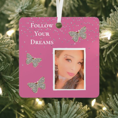 Pink Silver Sparkle Butterflies Your Photo  Metal Ornament