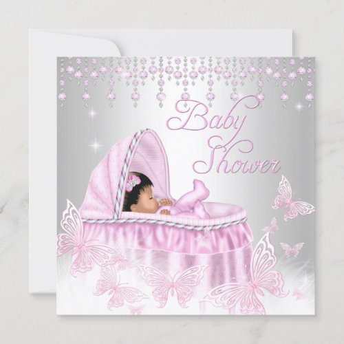 Pink Silver Sparkle Butterfly Baby Shower Ethnic Invitation