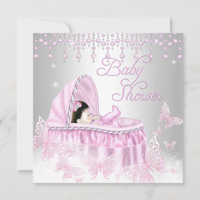 Pink Silver Sparkle Butterfly Baby Shower Invitation (Front)