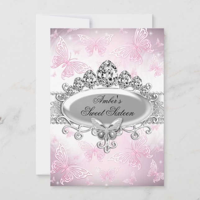 Pink Silver Sparkle Butterfly Sweet Sixteen Invitation (Front)