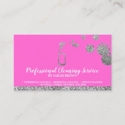 Pink Silver Sparkle Cleaning Maid Janitorial Business Card