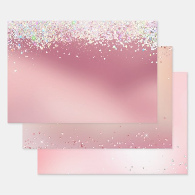 Pink Silver Sparkle Confetti Christmas Wrapping Paper Sheets (Set)