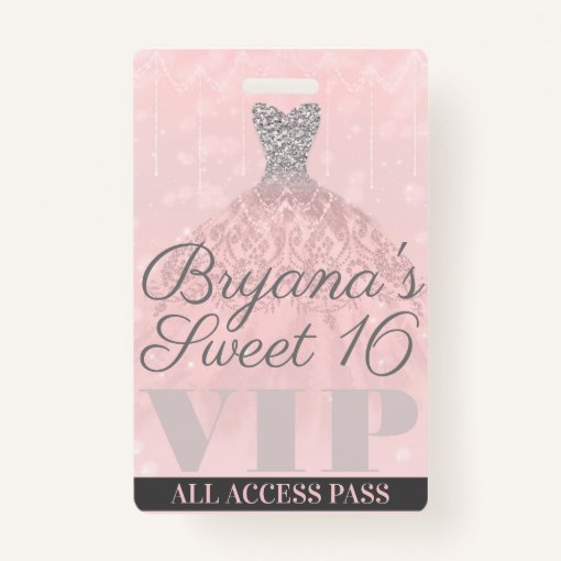 Pink Silver Sparkle Dress Sweet 16 VIP Pass Badge Zazzle
