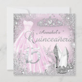 Pink Silver Sparkle Dress & Tiara Quinceanera Invitation (Front)