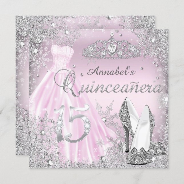Pink Silver Sparkle Dress & Tiara Quinceanera Invitation (Front/Back)