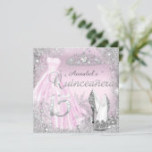 Pink Silver Sparkle Dress & Tiara Quinceanera Invitation (Standing Front)