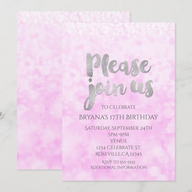 Pink & Silver Sparkle Glam Party Invitations (Front/Back)