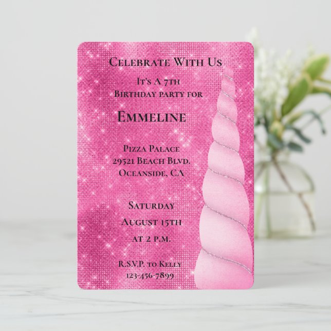 Pink Silver Sparkle Glam Unicorn Birthday Invitation (Standing Front)