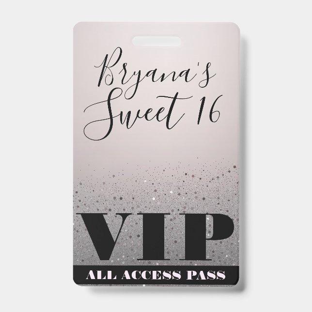 Pink Silver Sparkle Glitter Glam Sweet 16 VIP Pass Badge (Front)