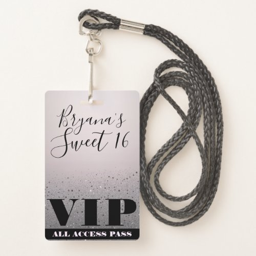 Pink Silver Sparkle Glitter Glam Sweet 16 VIP Pass Badge