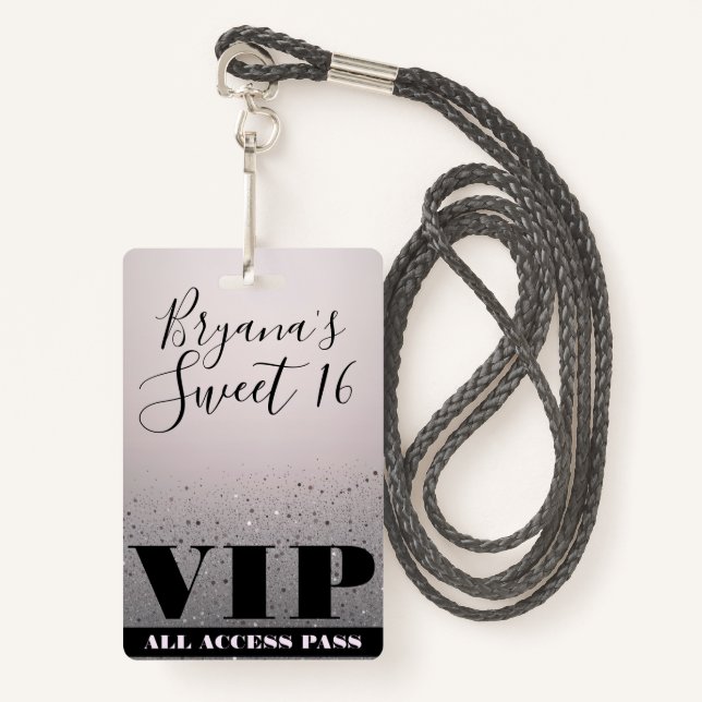 Pink Silver Sparkle Glitter Glam Sweet 16 VIP Pass Badge (Front with Lanyard)