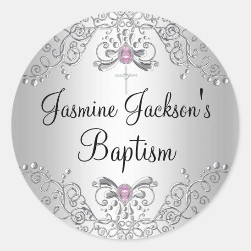 Pink  Silver Sparkle Jewel Baptism Sticker