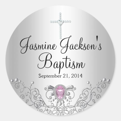 Pink  Silver Sparkle Jewel Baptism Sticker