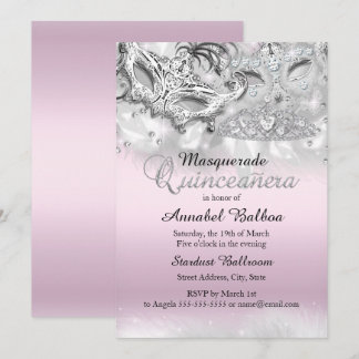Pink Silver Sparkle Masquerade Quinceanera Invite