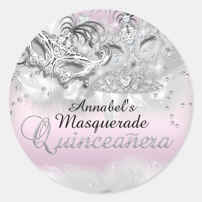 Pink Silver Sparkle Masquerade Quinceanera Sticker (Front)