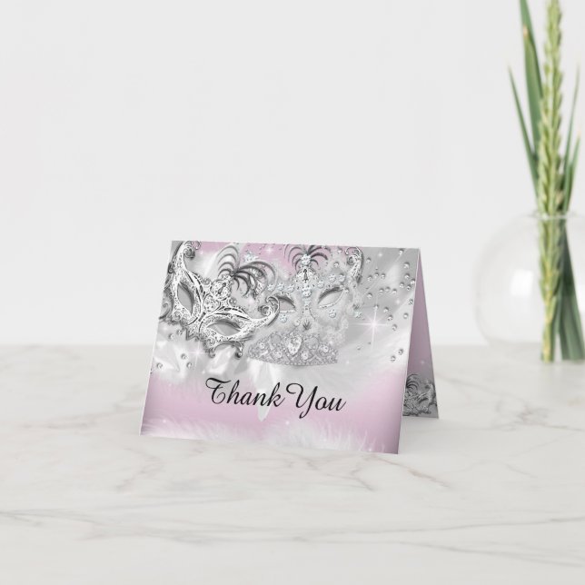 Pink & Silver Sparkle Masquerade Thank You Card (Front)