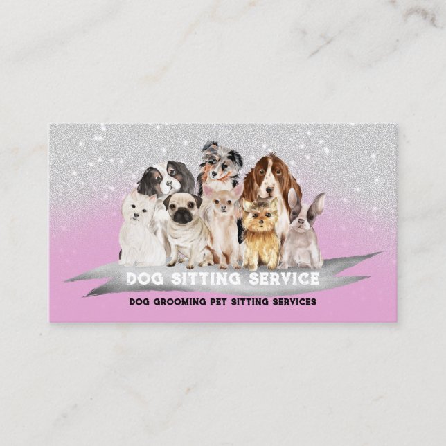 Pink Silver Sparkle Petsitter Dog Walk Business Card (Front)