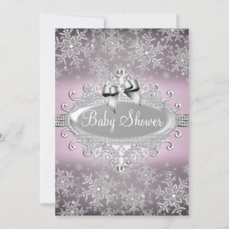 Pink Silver Sparkle Snowflake Baby Shower Invite